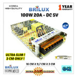 Power Supply Trafo Brilux DC 5V 20A | 100W - SLIM (High Quality)